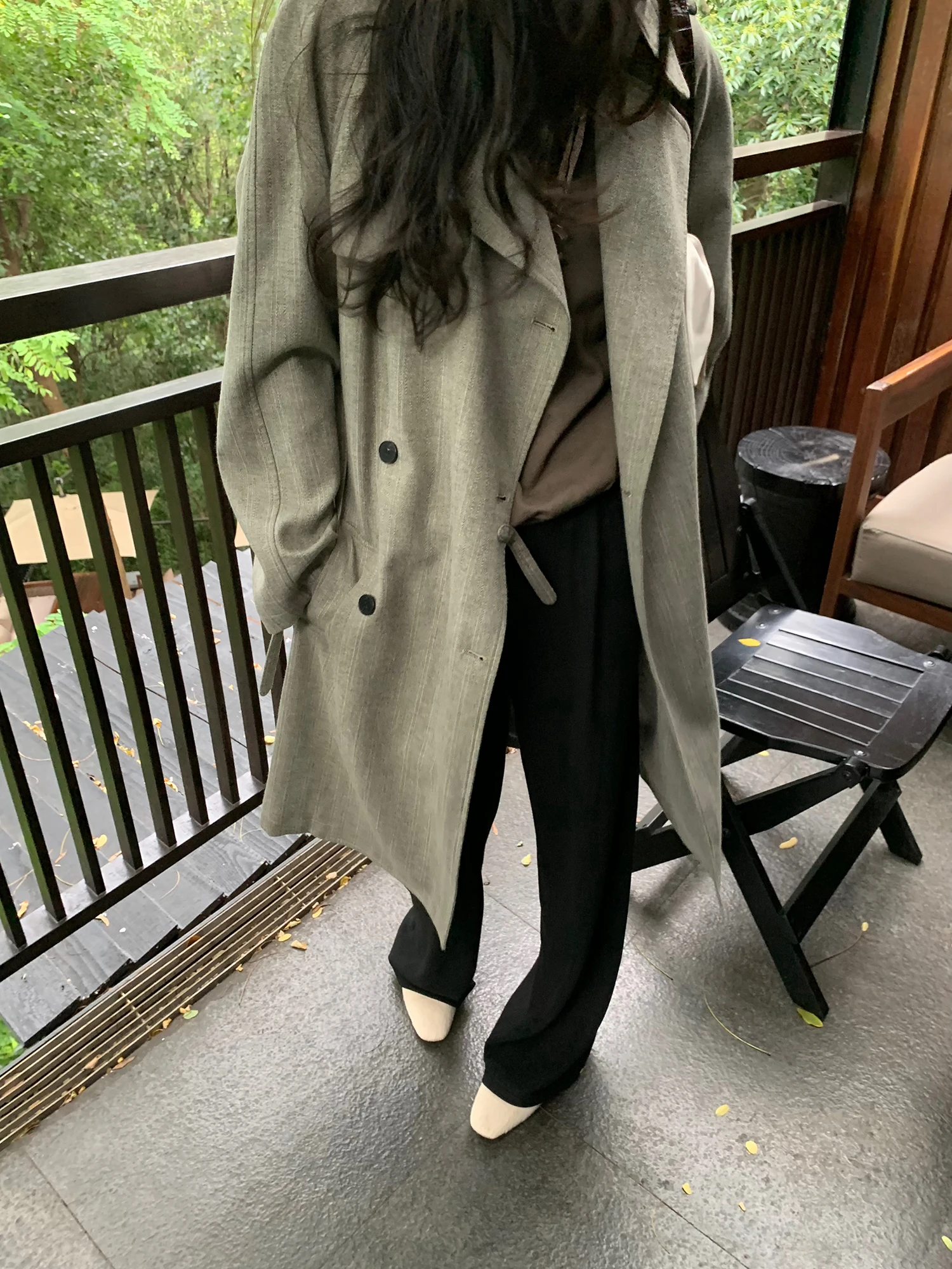 

Long ASM ANNA Women's Wool Blend Flannel Windbreaker Jaet Korean Sle Loose Fit Cotton Polyester Wool Linen V-Ne Coat