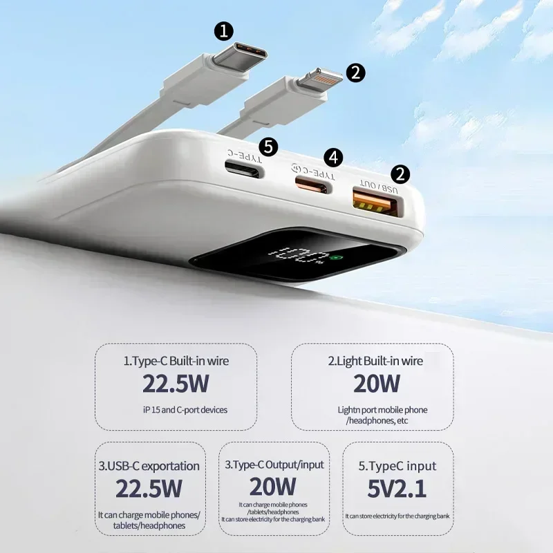 Portable External Battery 22.5W Fast Charging 30000mAh Built-in Cable with Digital Display for IPhone Xiaomi Huawei Powerbank