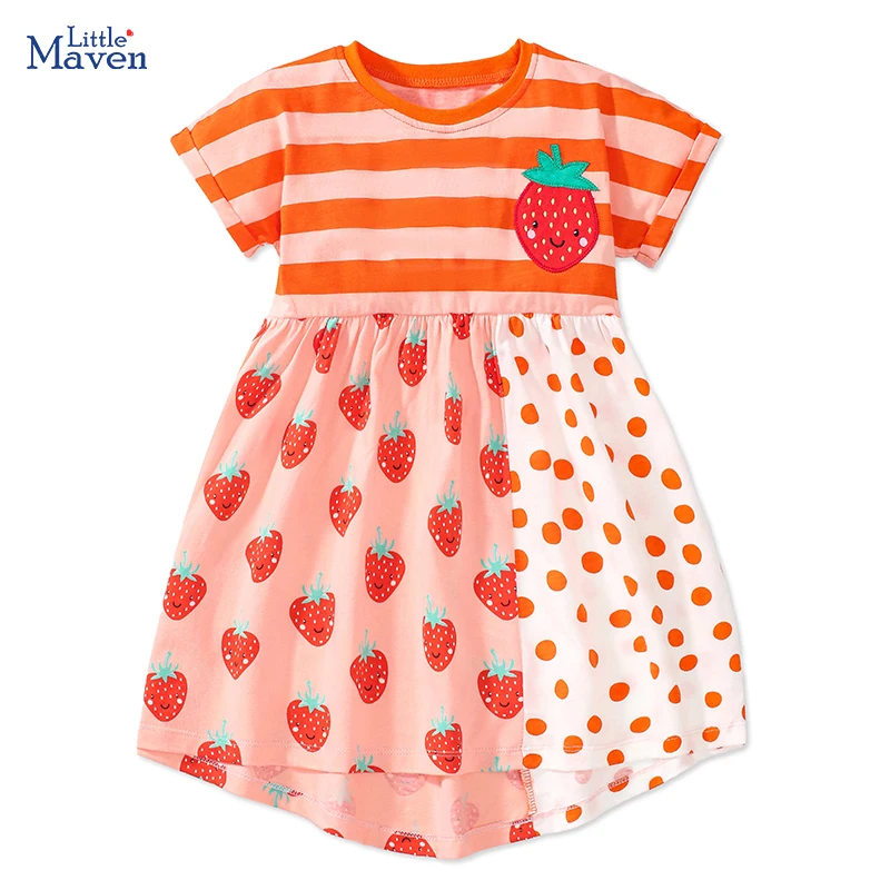 Little maven 2024 Summer Cartoon strawberry Dress Baby Girls Cotton Casual Clothes Soft for Toddler Infant Kids 2 to 7 years