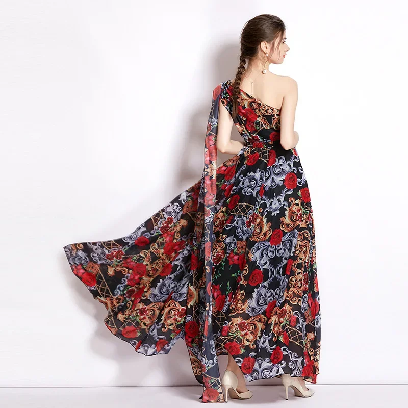 Blossom Printed One Shoulder Lace Up Maxi Chiffon Dress