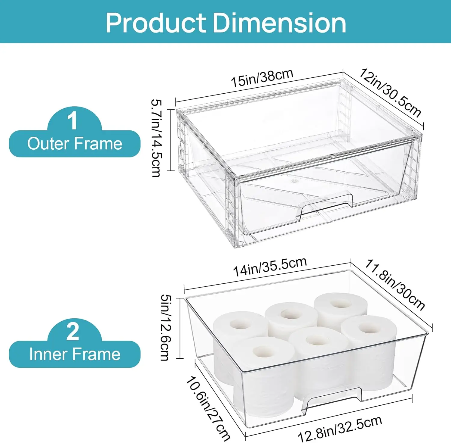 Large Clear Stackable Storage Drawers, 2-Pack Acrylic Organizers for Bathroom Closet Kitchen Pantry