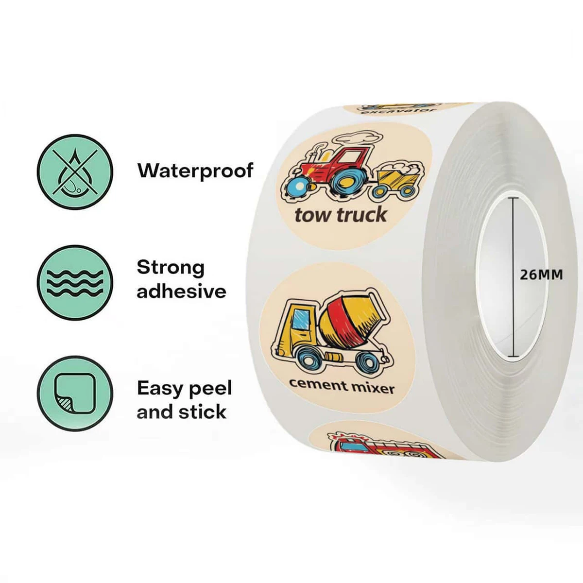 500Pcs Cartoon Construction Vehicle Stickers Roll Fire Engine Truck Crane For Kids DIY Reward Decor