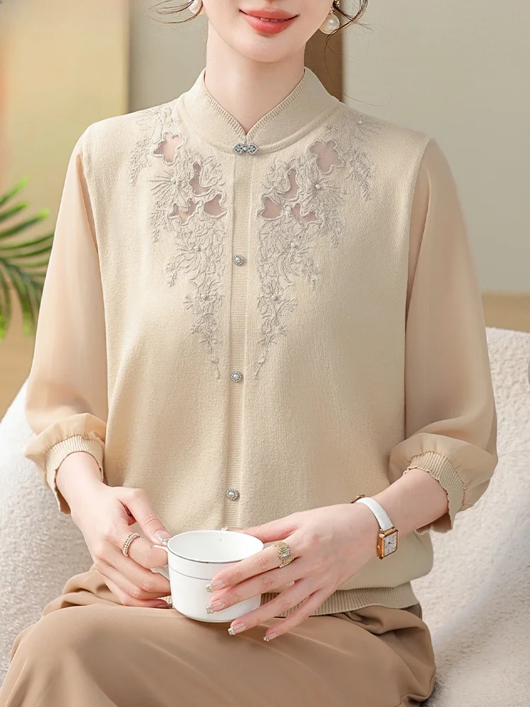 

Spring Knitted Sweater New Chinese Sle Silk Sve Women's Faion Loose Fit round Ne Pullover for Middle-Aged Mothers