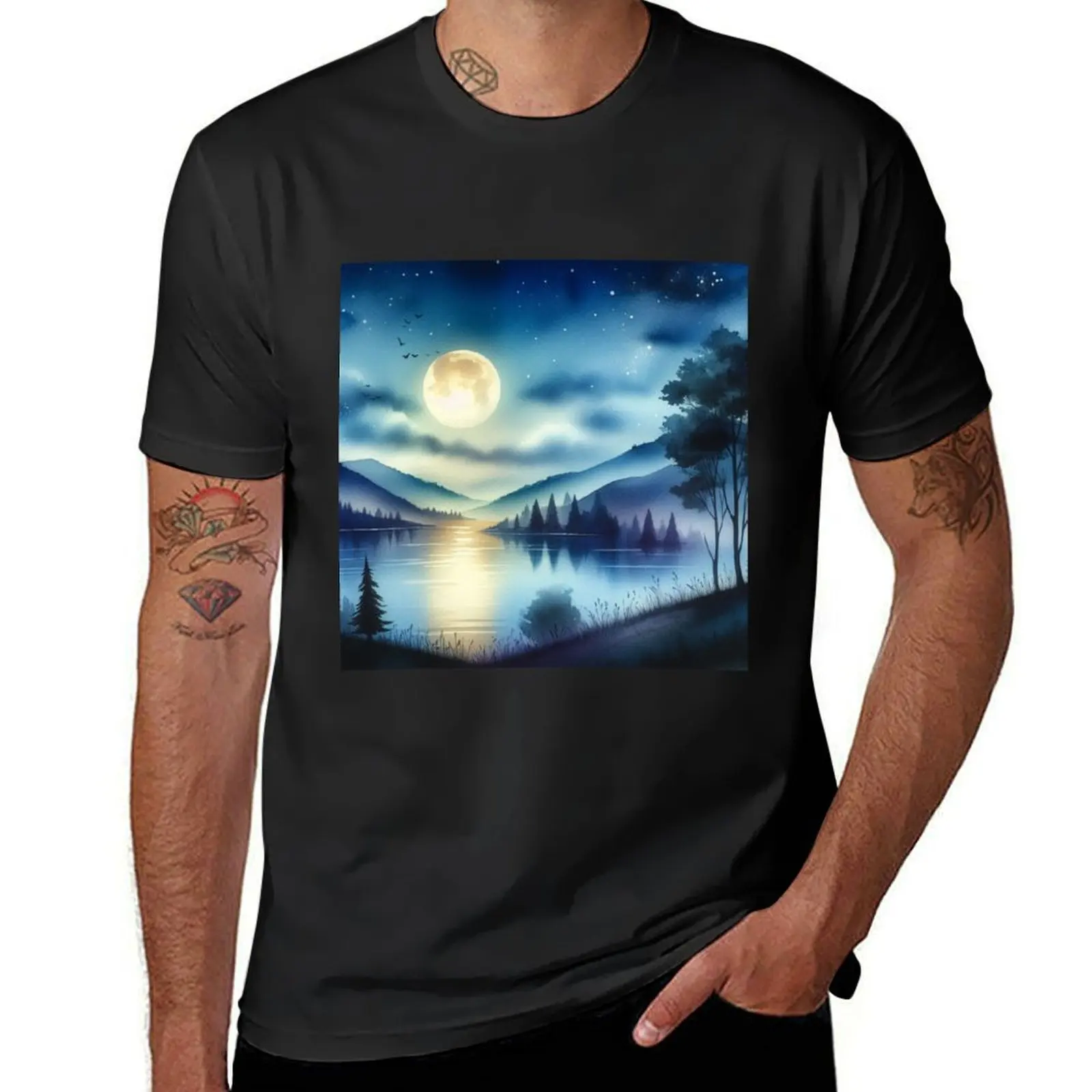 Romantic Watercolor Moonlit Nigh T-Shirt sublime sweat korean fashion tops big and tall t shirts for men