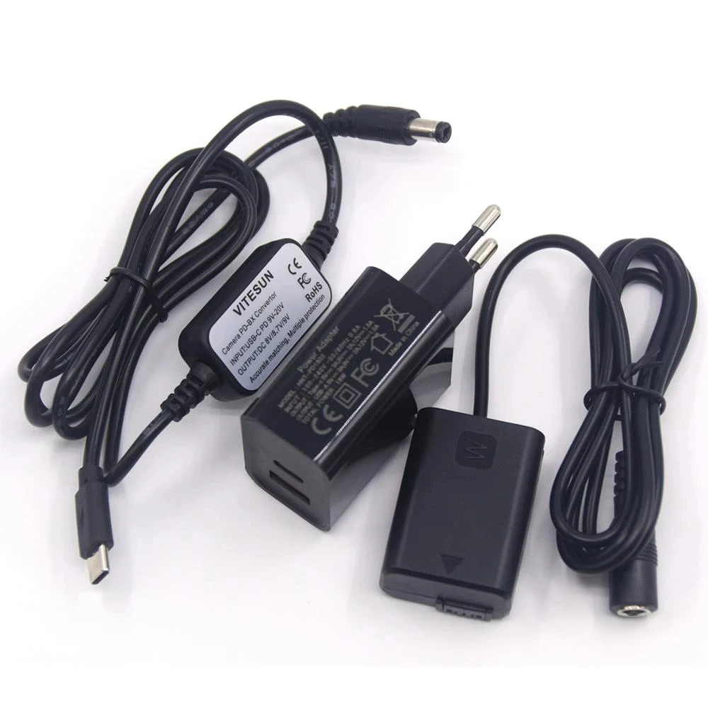 

USB Type-C Charger Cable+PD Charger+NP-FW50 Dummy Battery for Sony A7S2 A7S A7 II A7R A7RII a7m2 A6000 A6300 A6500 A7000 ZV-E10