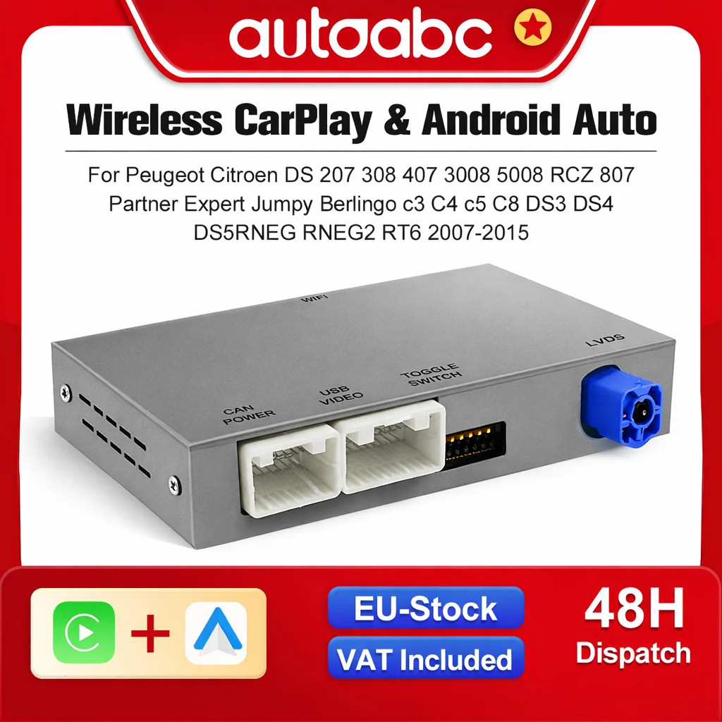 Module AUTOABC Wireless CarPlay Android Auto pour Peugeot Citroën SMEG MRN 208 308 508 3008 & C4 DS3 DS5 compatible avec caméra de recul