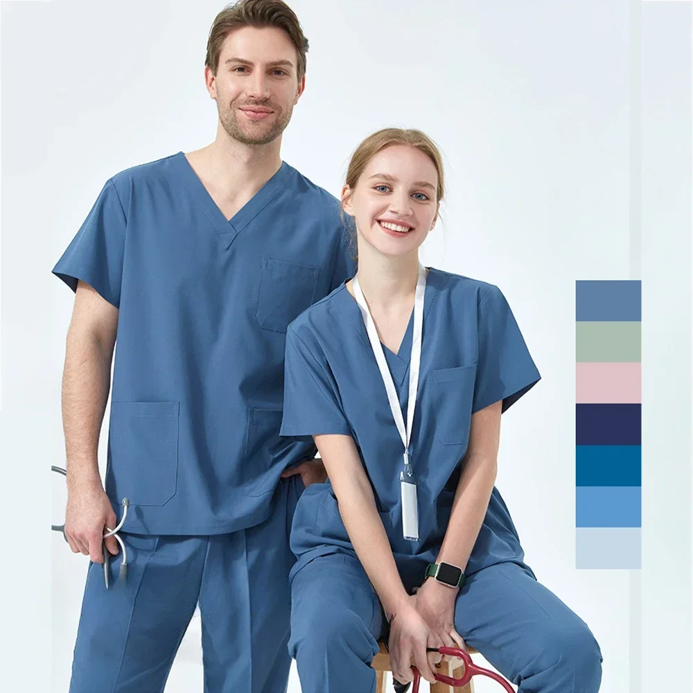 

Hospital Doctor Nursing Set Unisex Wholesale Casual Jogger Suits Short Sleeved V-neck Tops Nurse Pants Pharmacy Medical Uniforms