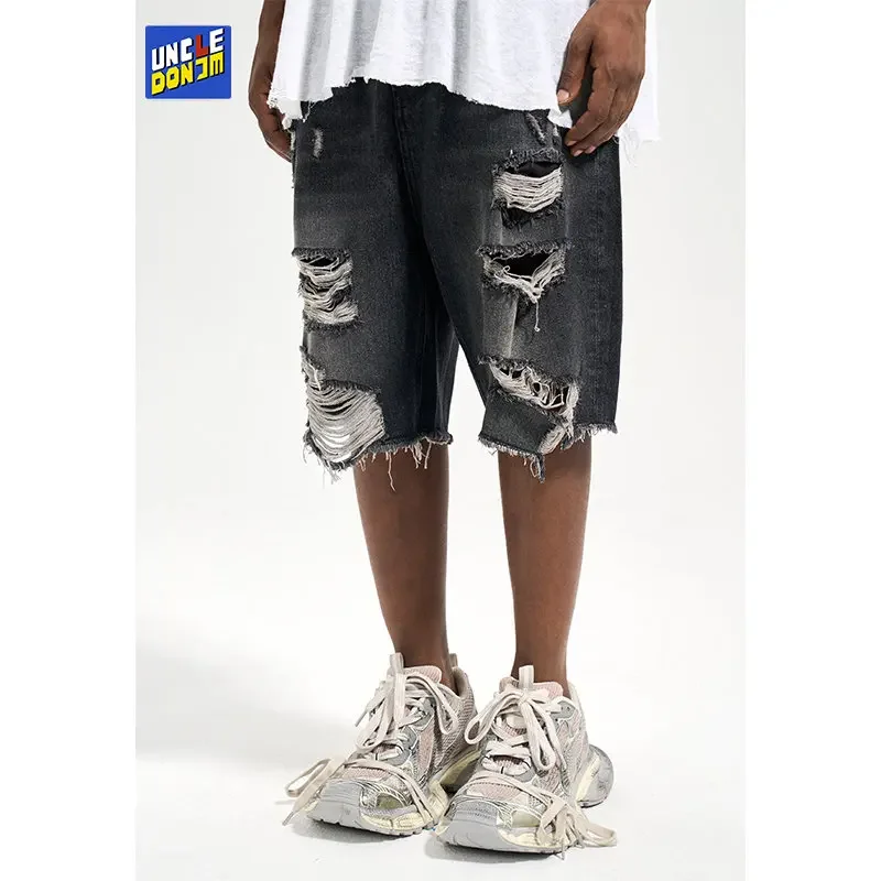 Black Ripped Denim Shorts Men's Loose Woolen Jorts Men's Split Stitching Short Jeans Y2K Men Hip Hop Harajuku