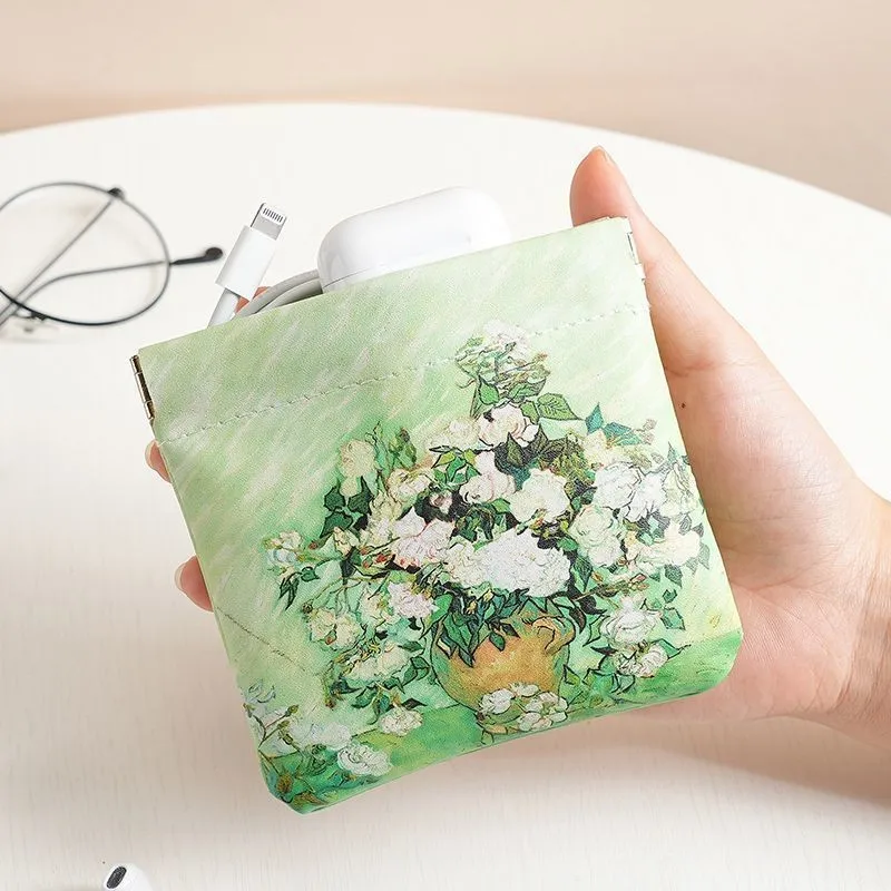 Oil-painting fabric auto-open mini makeup pouch, fits cables, charger, lipstick & earbuds, artistic & portable.
