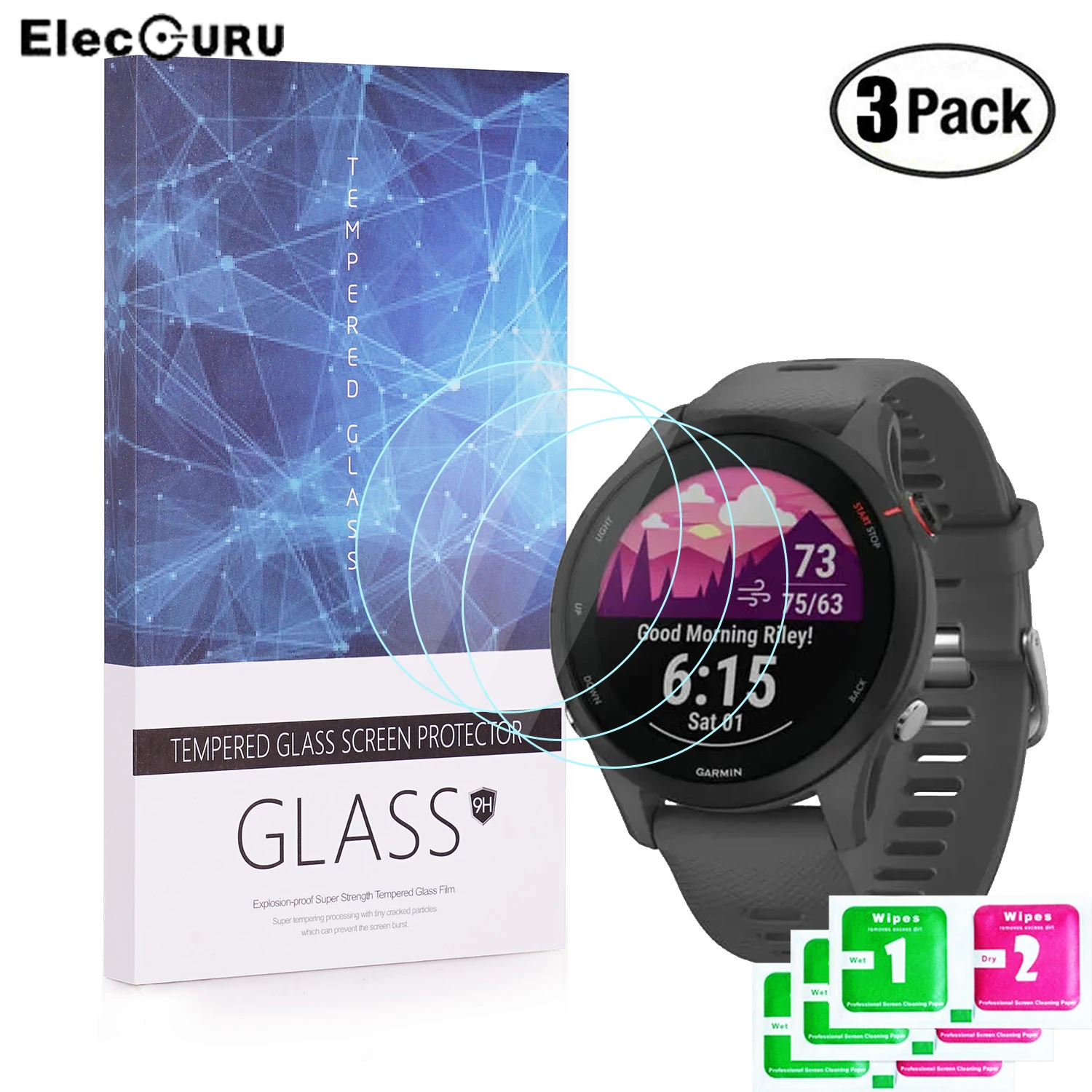 Tempered Glass Screen Protector for Garmin Forerunner 255/255 Music,9H Hardness Bubble-Free Screen Protective Glass 3 Packs