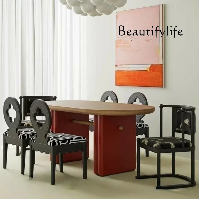 N Nordic medieval dining table solid wood oval cream style small apartment paint dining table