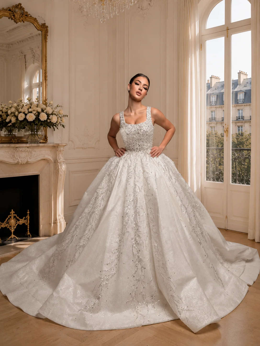 Luxury Sparkly Ball Gown Wedding Dress Square Neck Beaded Bridal Gown Glitter Princess  Custom Made Size Vestido De Novia