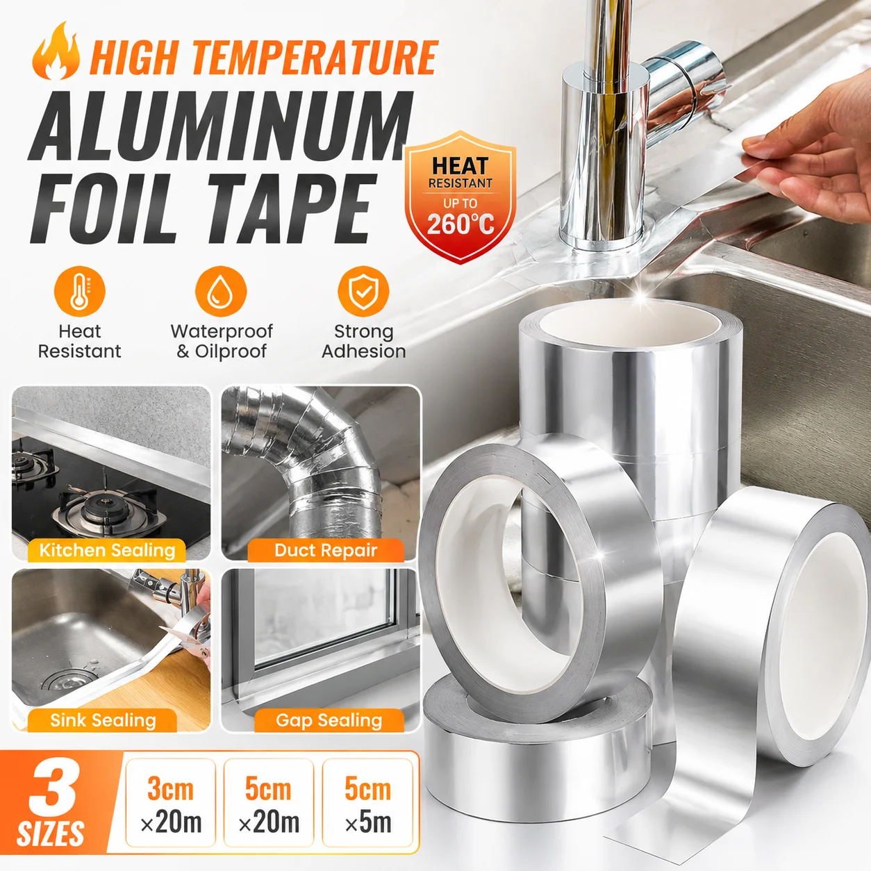 High Temperature Aluminum Foil Gap Sealing Tape Waterproof Anti-Mold Kitchen Bathroom Sink Stove Caulk Strip Home Supply