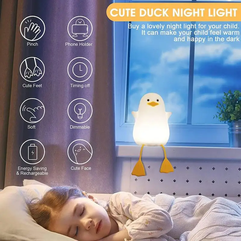 Duck LED Silicone Night Light para meninas, sensor de toque, lâmpada regulável com temporizador de 20 minutos, lâmpada USB para senhoras, lâmpadas de dormir, bonito