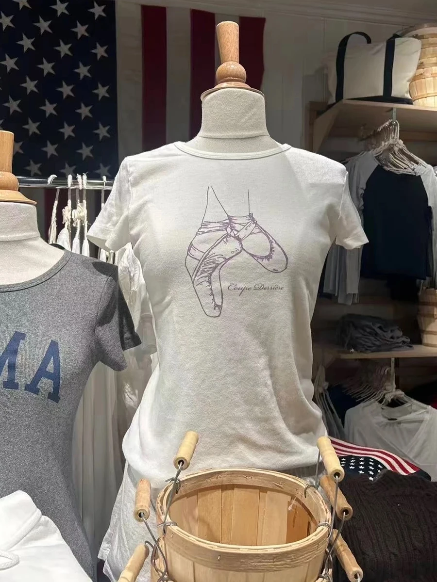 New Ballet Shoes Print White T-shirt Women Summer Solid Round Neck Short Sleeve Tees Casual Vintage Sweet Cotton Tshirt Y2k Tops