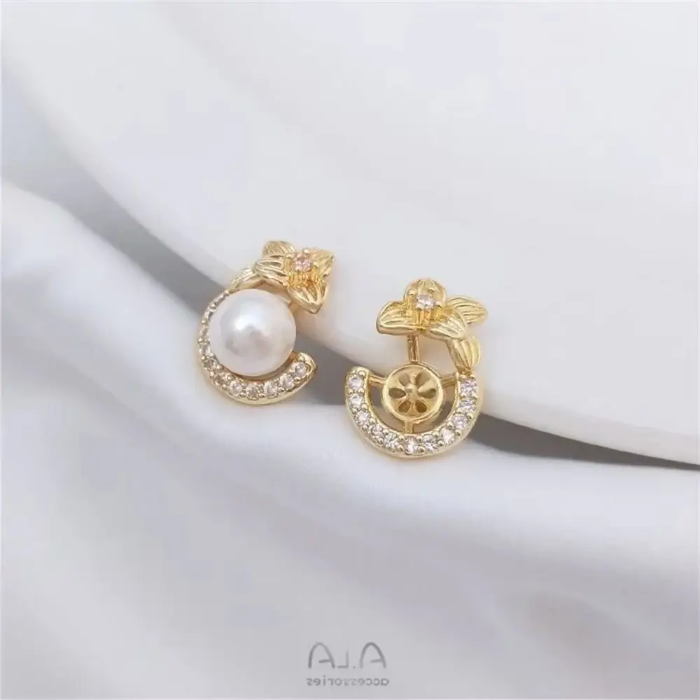 

14K Gold Inlaid Zircon Lucky Grass Half Hole Bead Holder Flower Shaped Earrings 925 Silver Ear Needles DIY Sticky Pearl Jewelry