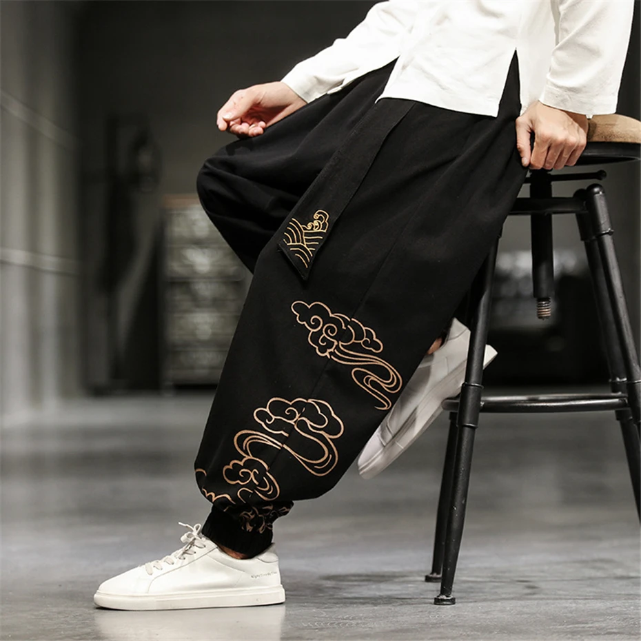 

Linen Pants Men Summer Harem Pants Chinese Style Cloud Embroidery Pants Loose Elastic Waist Trousers Male