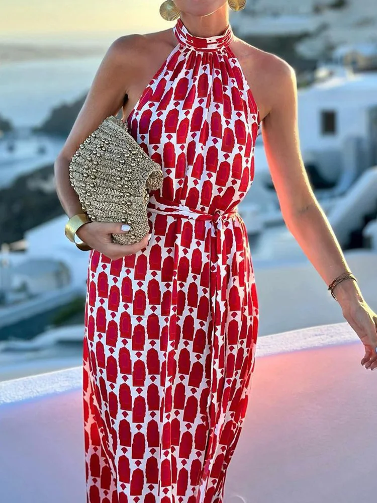 

2024 Sleeveless Print Patchwork Party Dress, Women Summer Simple Halter Fashion Maxi Dress, Lace-Up Elegant Ladies Dress Vestido