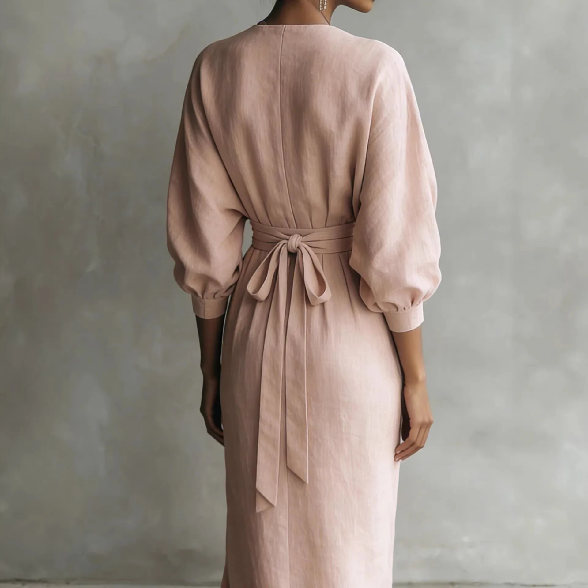 Elegant V Neck Long Dress Women Solid Color Belted Dresses Spring Summer Casual Maxi Dresses