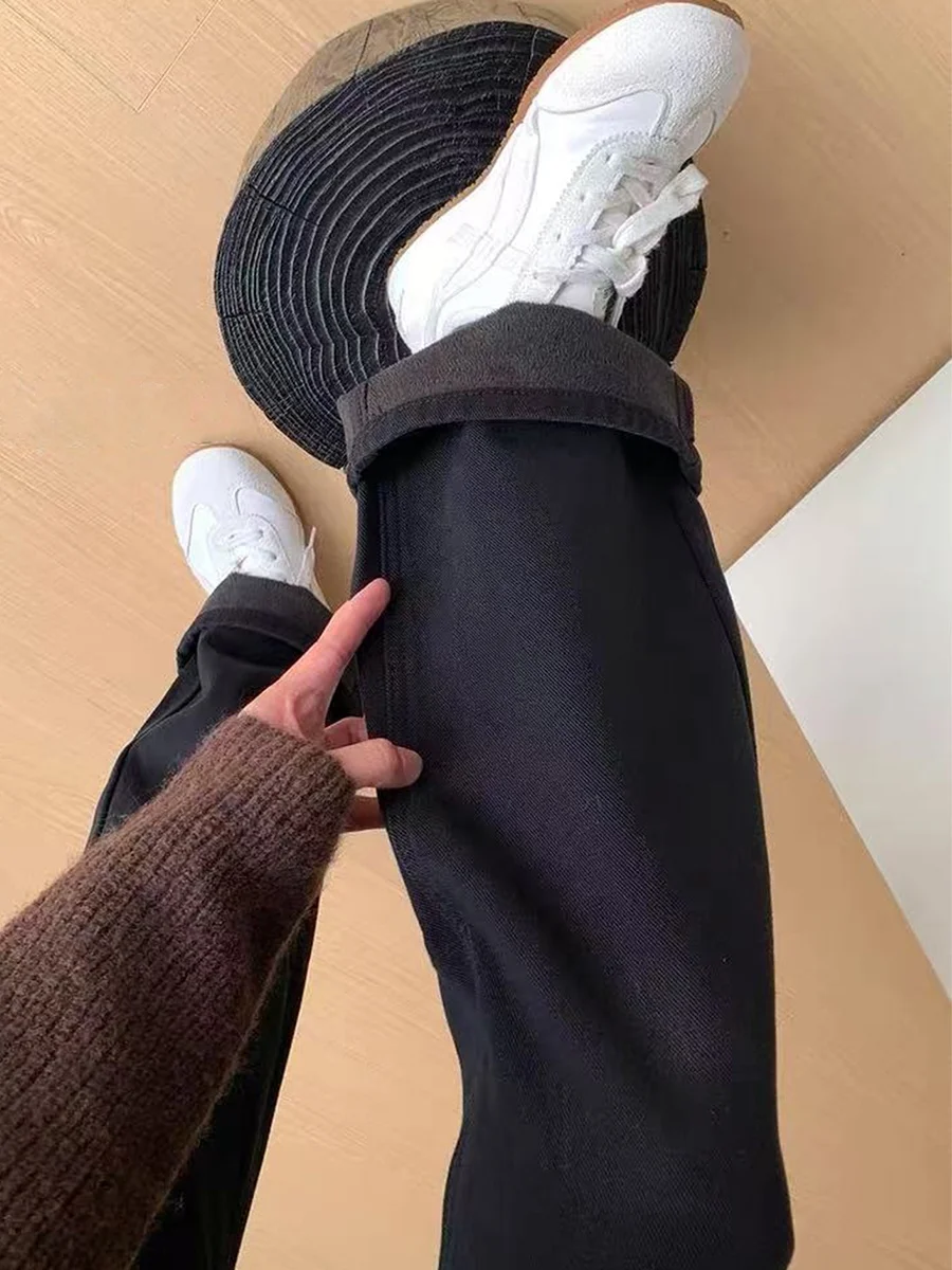 

Прямые джинсы больших размеров на подкладке Thi, женские осенне-зимние утягивающие эластичные расклешенные брюки с высокой талией и копытами