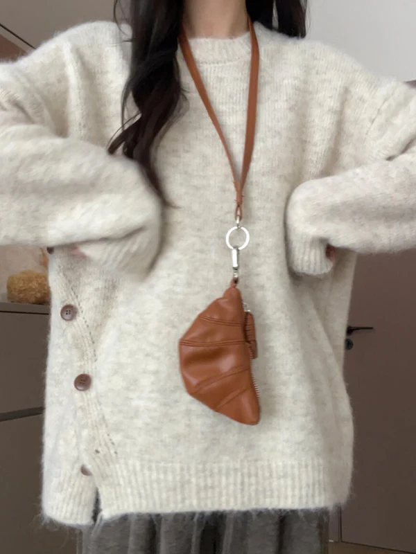 

Soft Cozy Camere Knitted Sweater Coat Women's Autumn Design Split Knitted Top Loose Fit Long Sve round Ne Pure Color