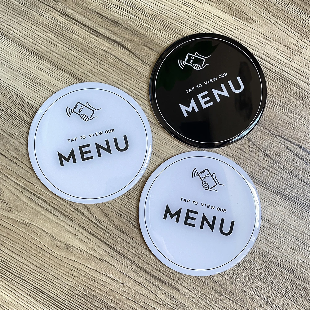 3.93inch Round Shape Black White NFC Menu Plate Sticker Quick link to your Digital Menu