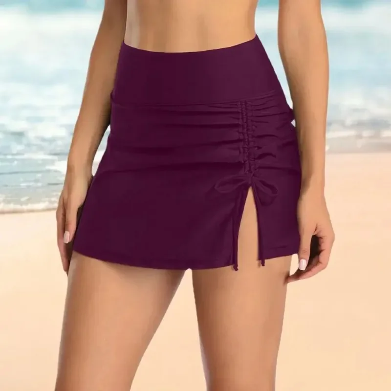 Solid High Waist Bikini Cover Up Women Ruched Side Slit Drawstring Sports Yoga Swim Skirt 2025 Quick-Dry Breathable Mini Skirts