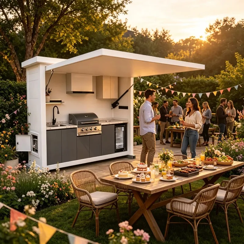Eco-friendly outdoor kitchen island with faucet and trash receptacle for patio, poolside grill cooking station factory