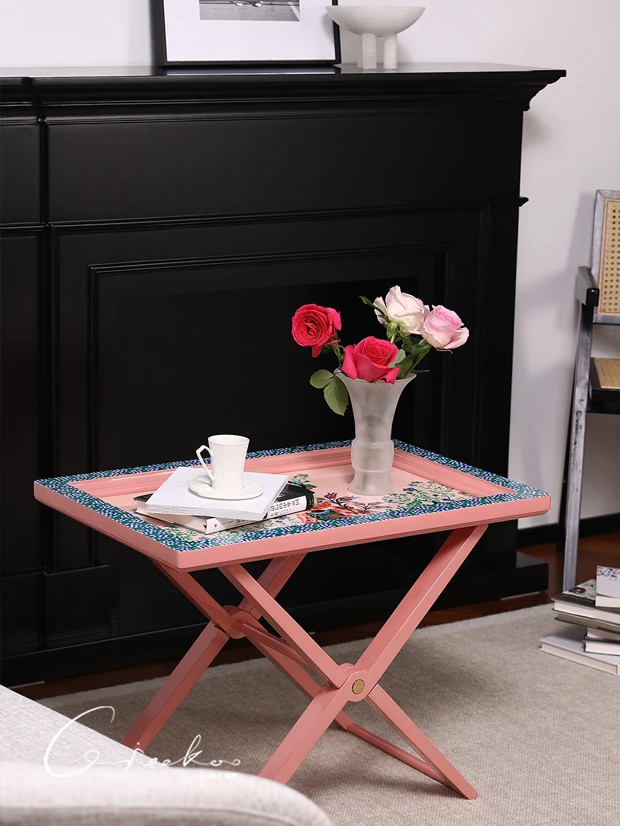 Russian birch painted rectangular foldable mobile coffee table, artistic small side table