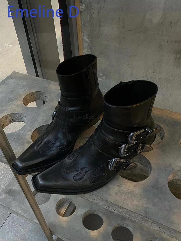 Belt Buckle Slope Heel Short Boots Black Pointed Punk Style Side Zipper Height Increase, Simple Style Versatile Knight Boots
