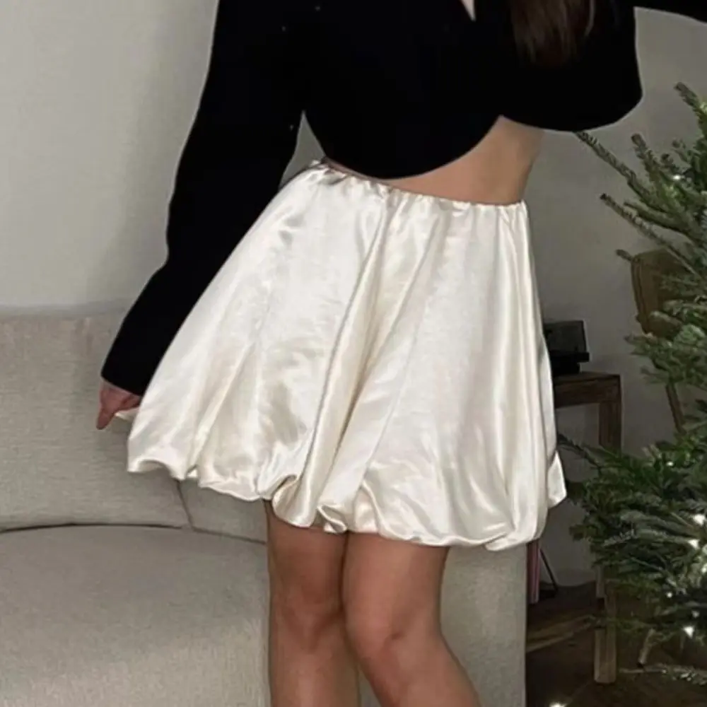 WXOY Women Elegant Satin Puff Ball Skirt High Waisted Casual Summer Beach Mini Skirt Loose Cute Korean Style Solid White Skirt