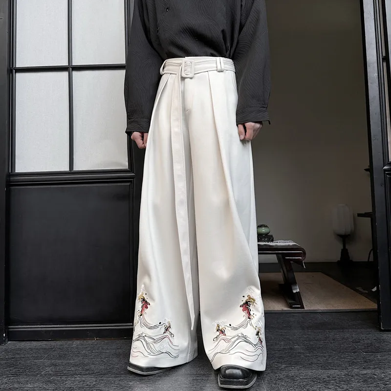 

Ele Embroidered Wide Leg Pants Men's Casual Floor-Length Thiened Retro Chinese Sle Youthful Winter Faion Trousers