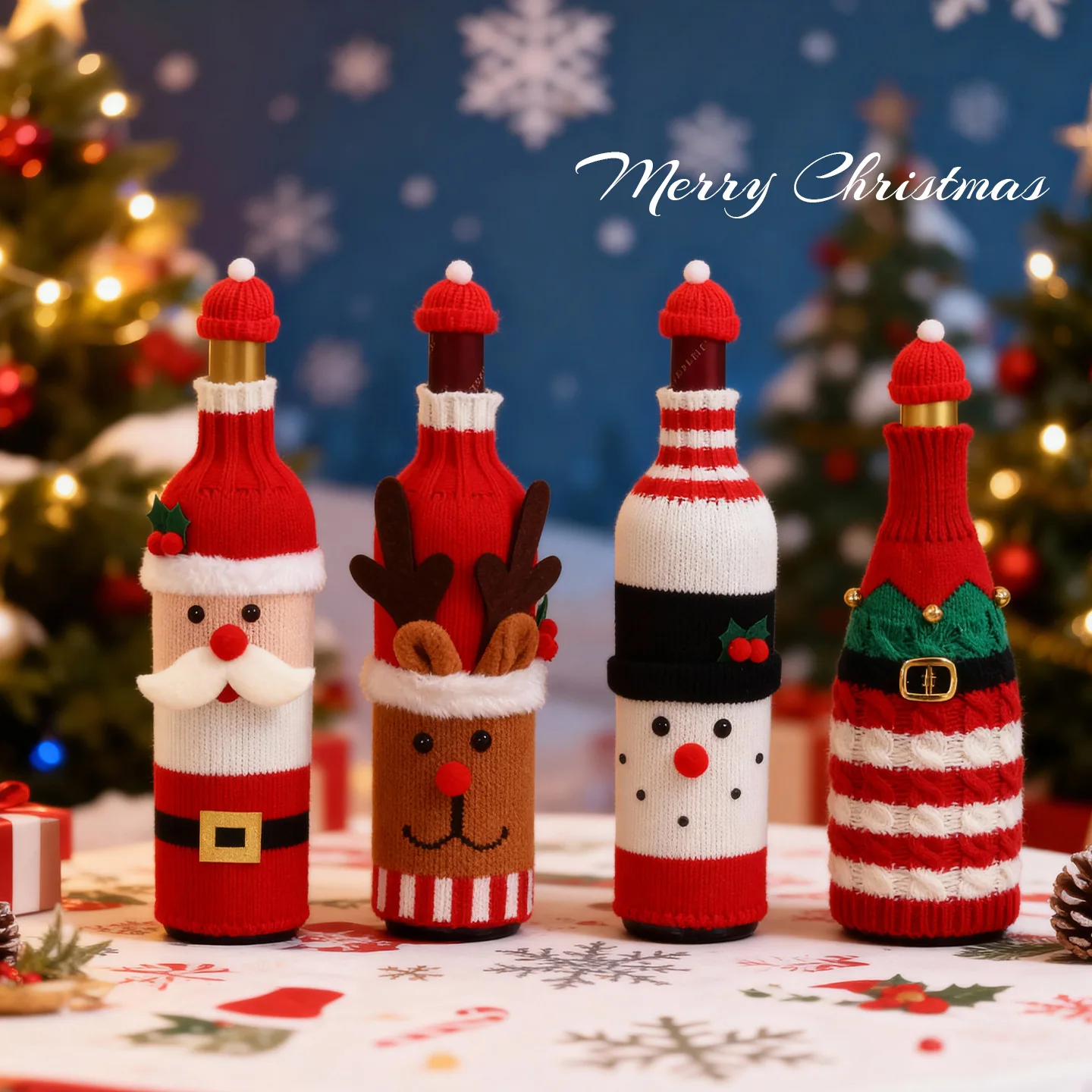 

Christmas decorations red wine champagne set cartoon knitted wine bottle set hotel restaurant atmosphere scene layout