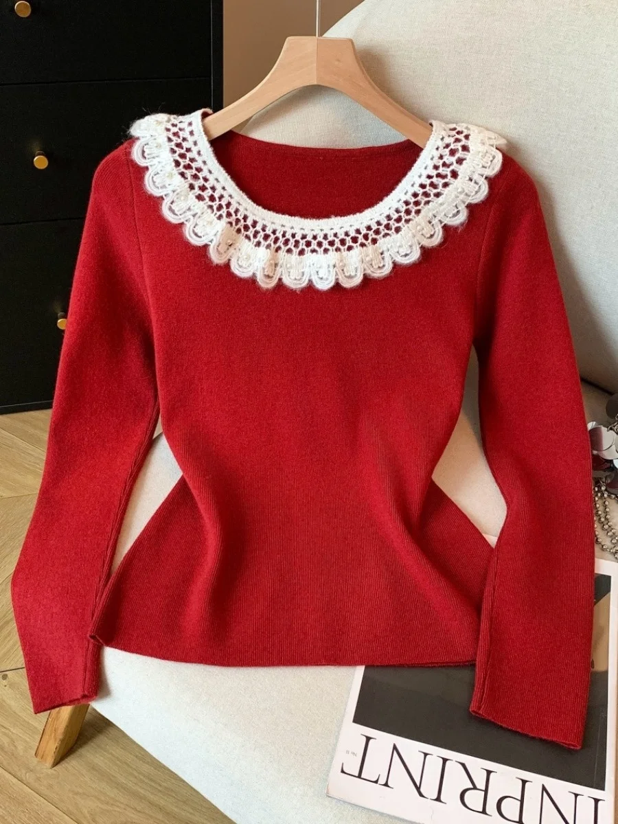 Premium-Design-Strickpullover für Damen, Herbst und Winter, Innenbekleidung, Basisschicht, mit Perlen verziert, Rüschenkragen, selbstklebend