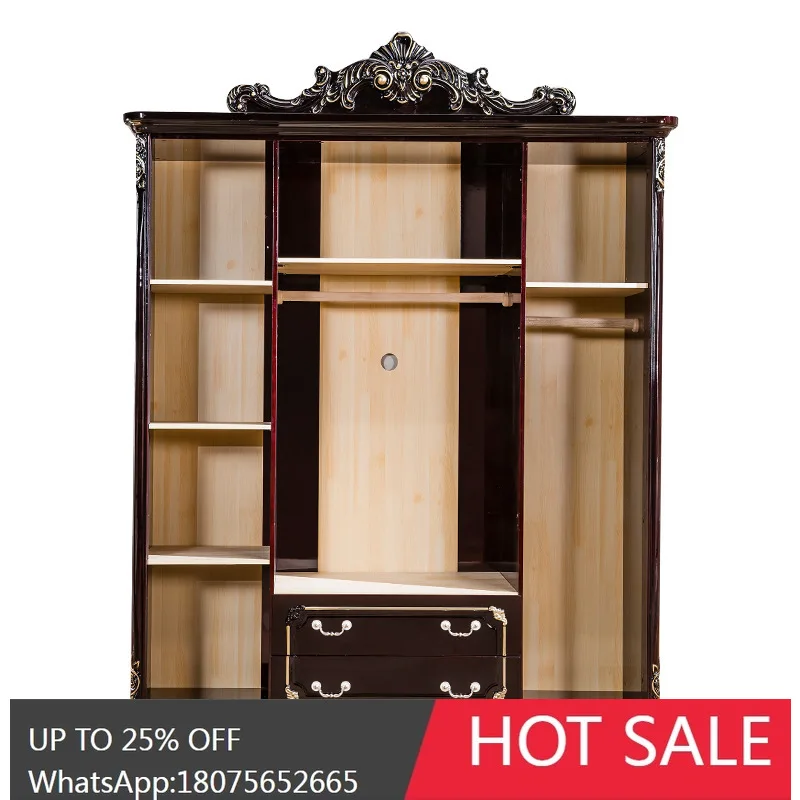 HLZ American Style Wardrobe Modern Simple Bedroom Four-Door Ebony Color Light Luxury Solid Wood Large Wardrobe