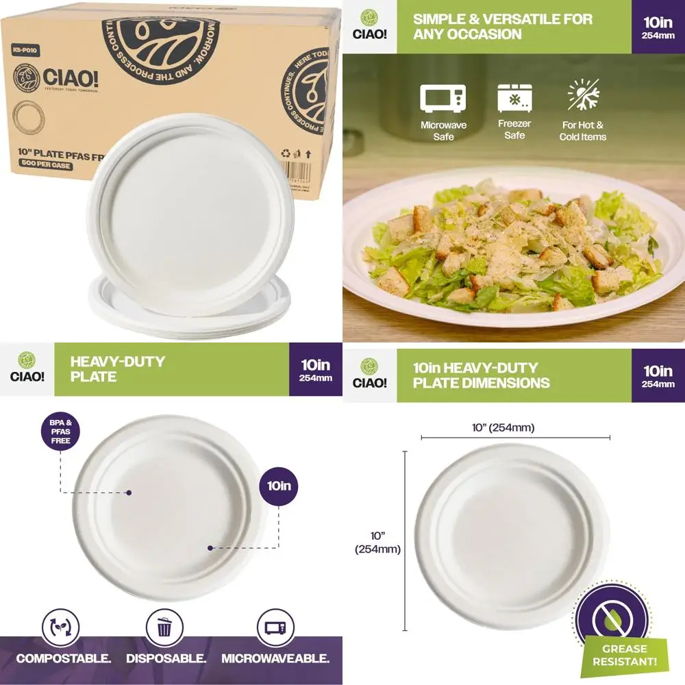

Compostable Heavy Duty Plate 100% Biodegradable PFAS-Free Unbleached Bagasse Natural White Bulk Pack of 500