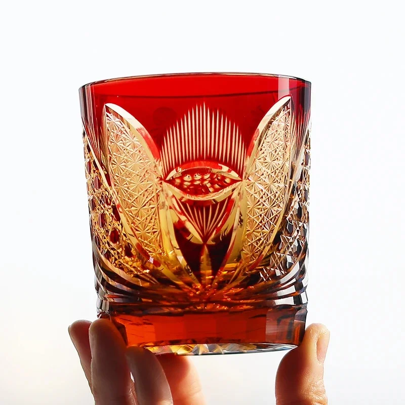 250ml Amber Red Nezha Whisky Glass Handmade Chinese Popular Character Japanese Style Edo Kiriko Wine Rock Glass Cup Dropshipping