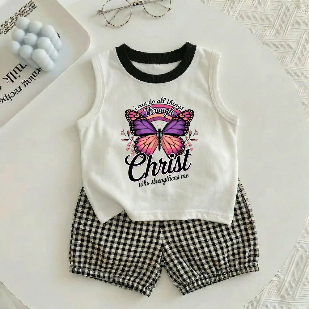Schmetterlingsbedruckte Mädchen-Freizeitoutfits, niedliche karierte Shorts-Sets für Kinder, ärmellose Weste und Unterteil, zweiteiliges Sommer-Set, neu