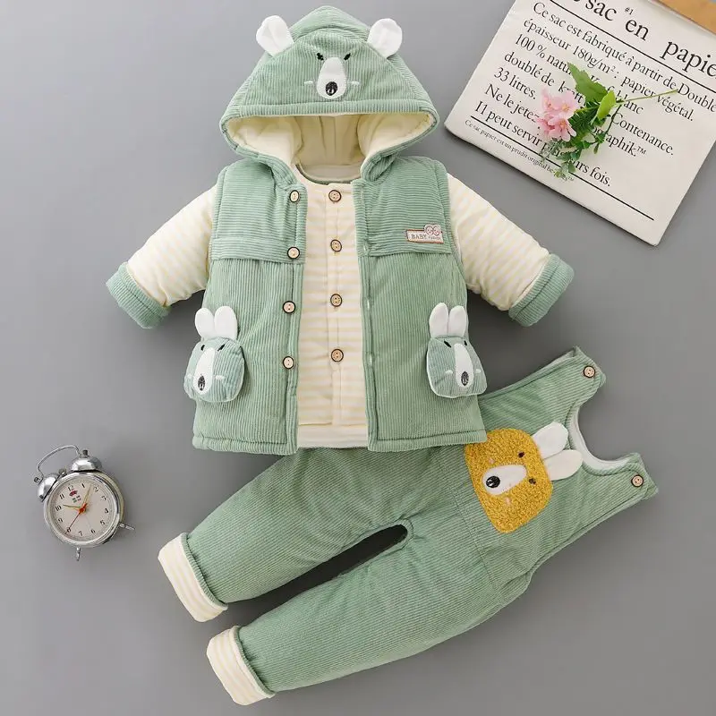 

Toddler Winter Clothing Warm Set for Boys and Girls 1-2 Years Old Thickened Snowwear Coat/Tank Top/Strap Pants Three Piece Set