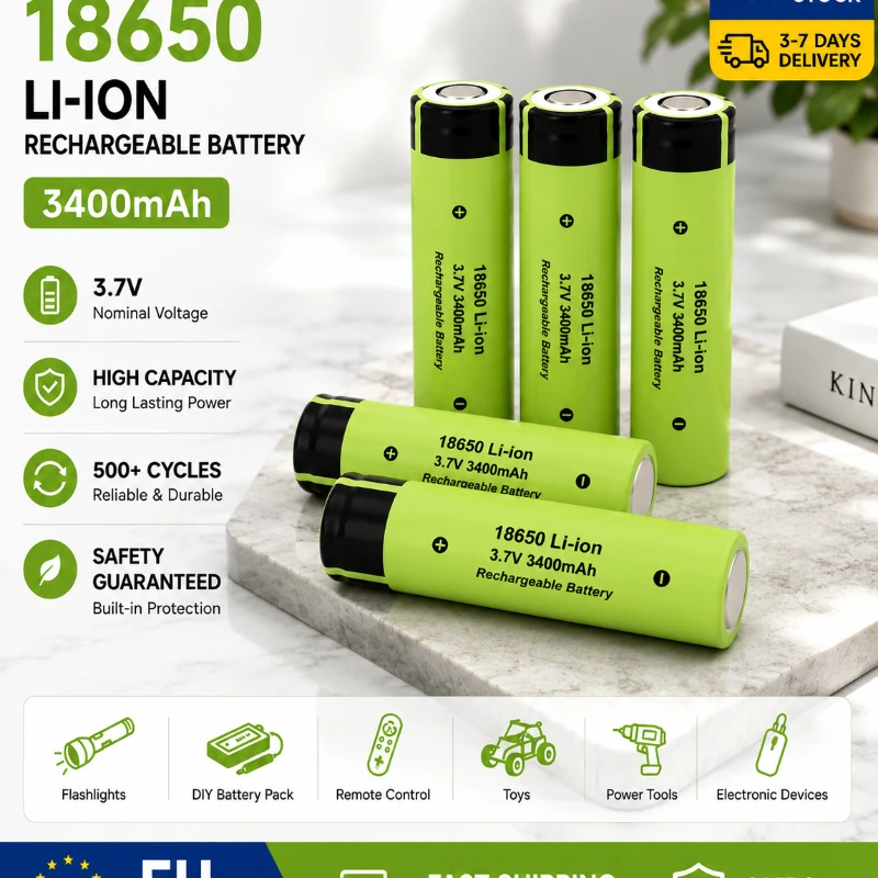 3,7V 3400mAh 18650 Li-Ionen-Akku mit Button-Top-Design, langlebige Batteriezelle für LED-Taschenlampen, tragbare Ventilatoren, Rasierer, Notfallausrüstung, EU-Schnellversand, lokales Lager