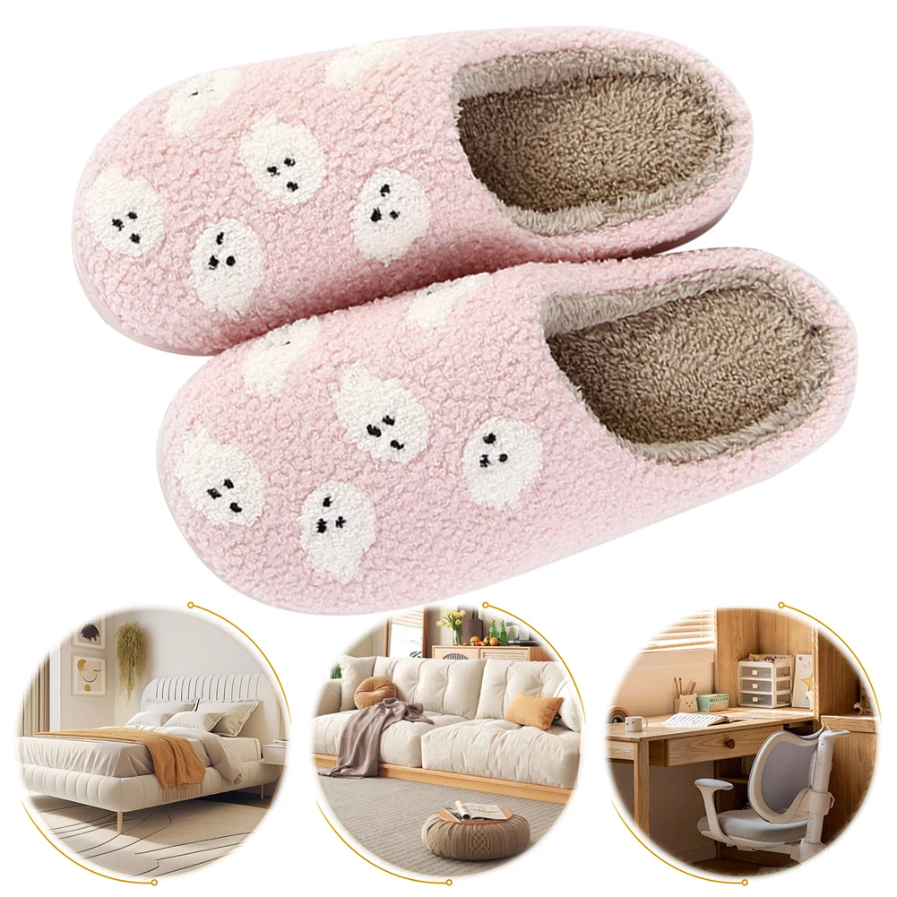 Halloween Ghost Plush Slippers Closed Toe Slippers Comfortable Warm Slip-on House Shoes Cute Spooky Slippers for Indoor Bedroom