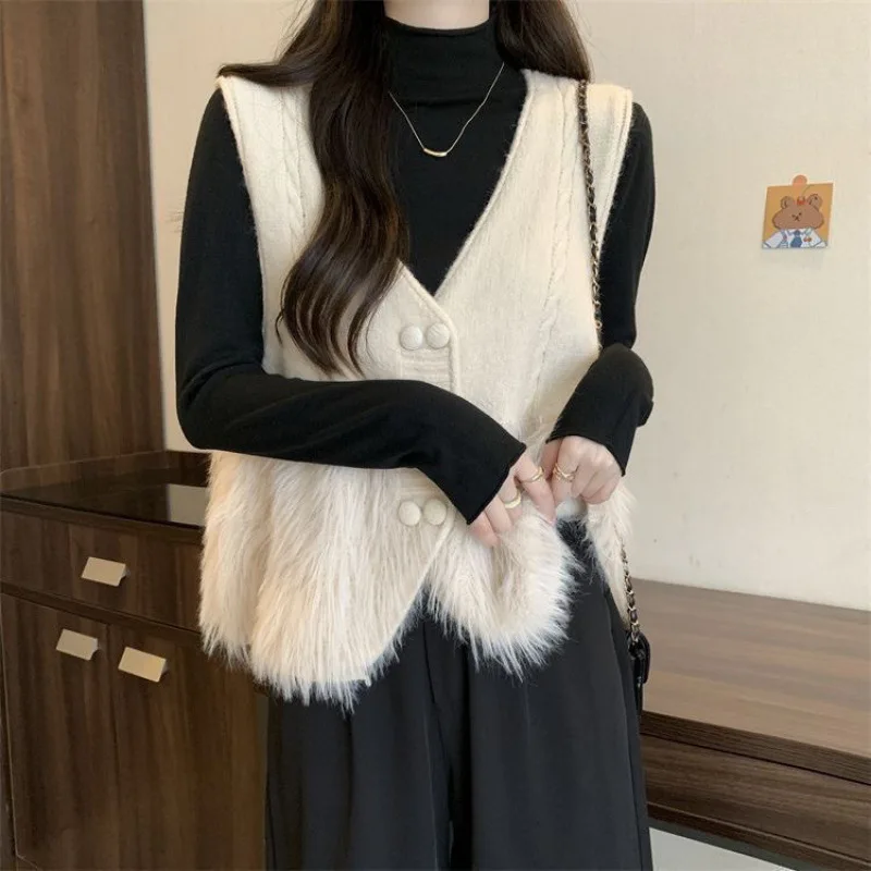 Temperament Small Fragrant V-Neck Knitted Large Size Fat M Double Breasted Hairy Splicing Outer Set 2024 Mink Fur Vest For Women