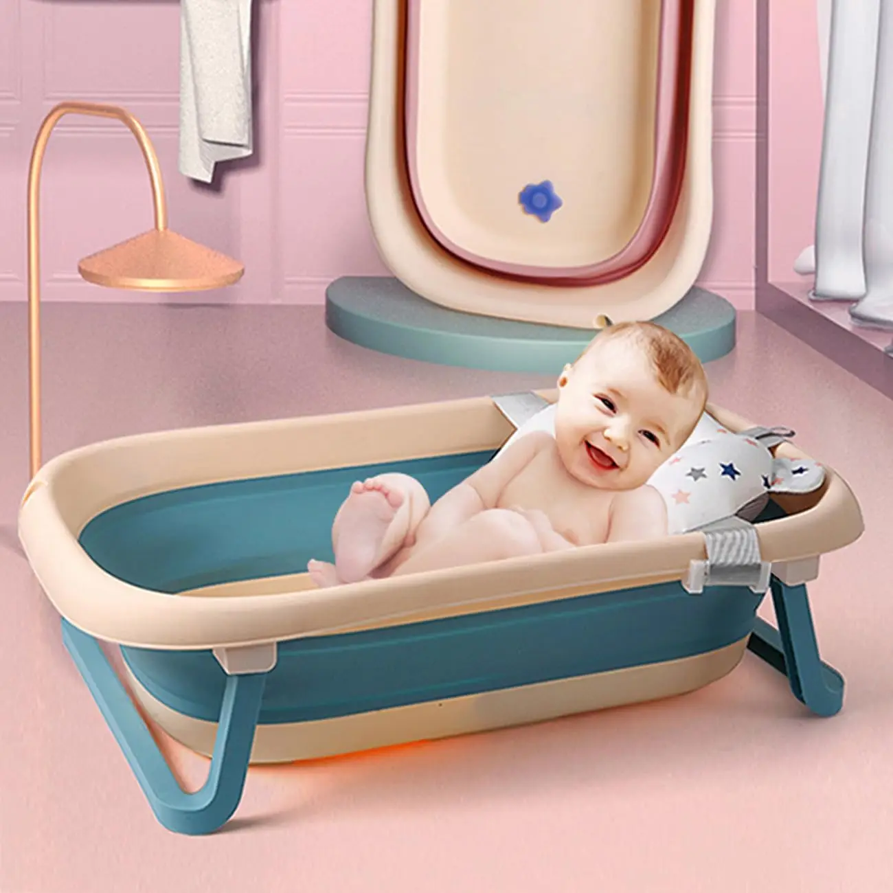 Foldable Baby Bath Tub with Bath Mat Newborn Support Seat Cushion Adjustable Bathtub Shower Mat Baby Bath Tub