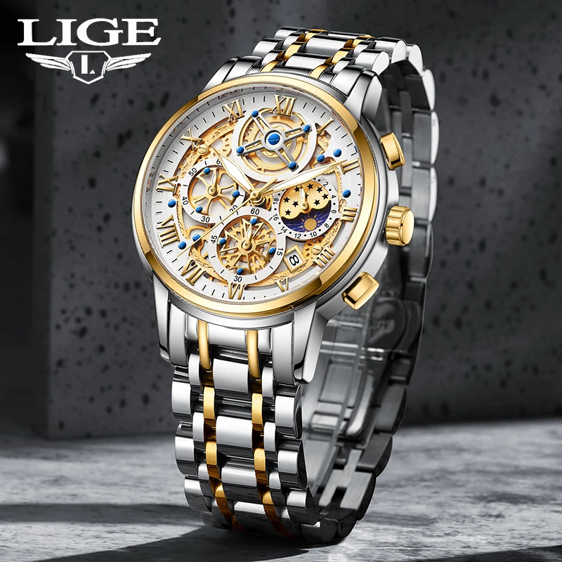 

LIGE Luxury Watch for Men's Waterproof Stainless Steel Quartz Analog Fashion Business Sun Moon Star Wristwatches Top Brand+box