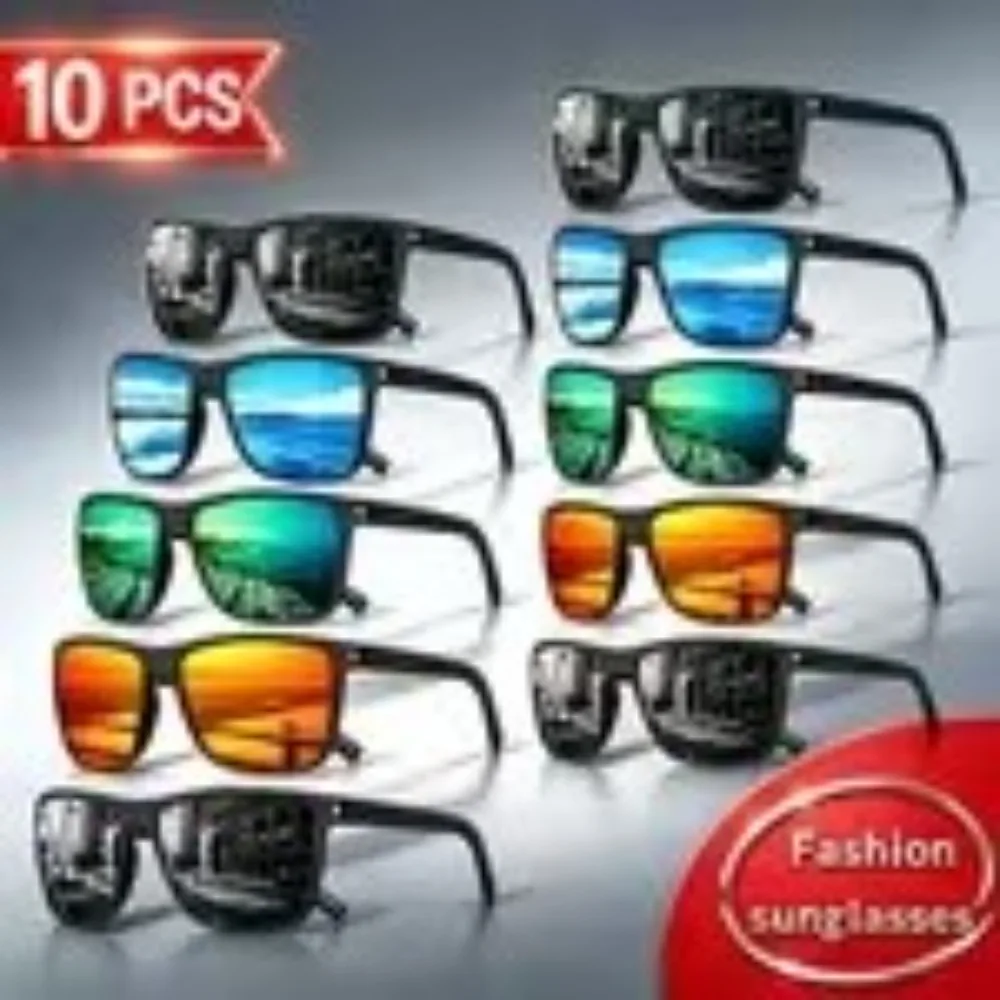 10PCS Men's and Women's Textured Square Polarized Sunglasses, Multi-colored Mirror Lenses, Suitable for Driving and Fishing Outdoor Glasses, Random Colors, Recommended Christmas and Halloween Gifts