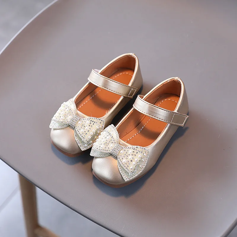 

Leather Shoes for Children Rhinestone Pearl Bow Fashion Kid Girl Causal Mary Jane Shoes Rubber Soft Sole Breathable Single Shoes