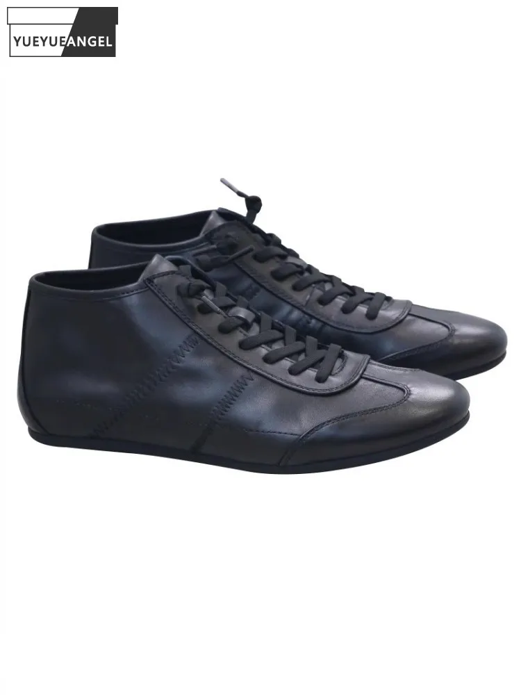 New Fashion Men Autumn Soft Platform Fleece Lining High Top Casual Shoes Comfortable Flats Cowhide Genuine Leather Driving Shoes