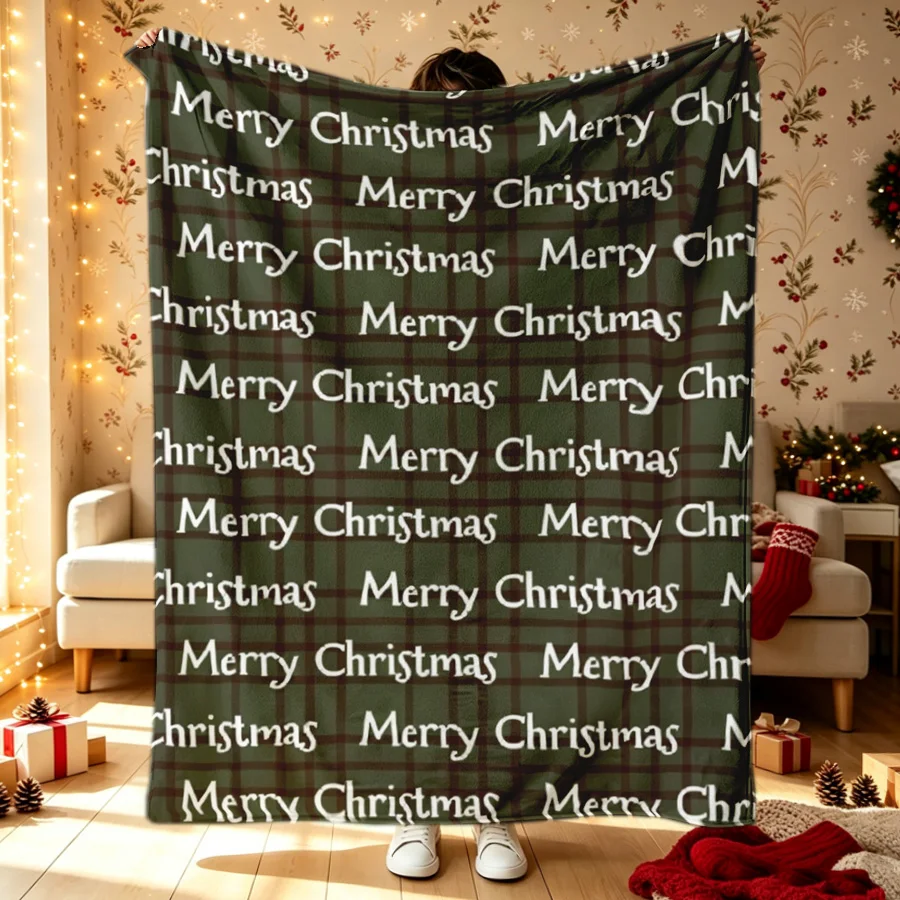Merry Christmas Tartan Plaid On Green Base Flannel Throw Blanket, 2D Single-Sided Printed Holiday Decorative Blanket