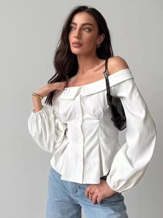 Seksowny top z odkrytymi ramionami, na jedno ramię, modny, uniwersalny, długi rękaw, dopasowany krój, do pracy, elegancki, jednolity kolor, zapinany na guziki.