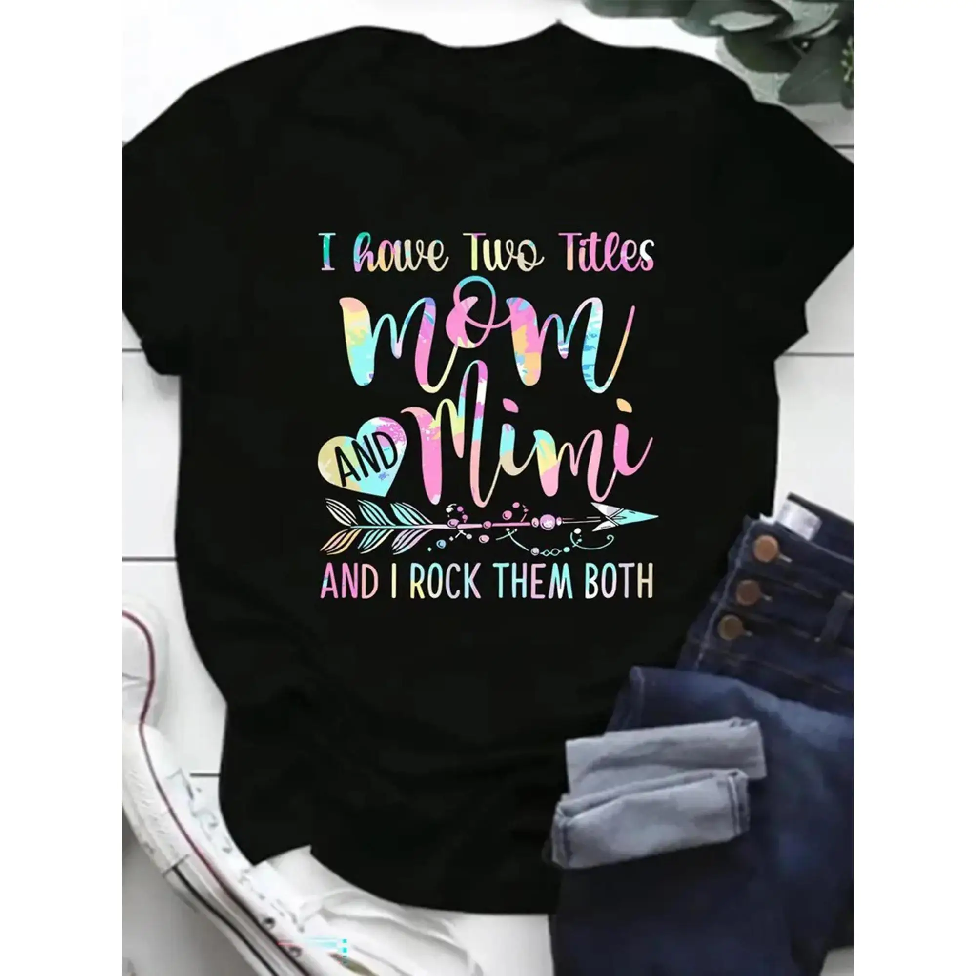 Camiseta gráfica 100% Mimi para mujer: diseño estampado divertido "I Have Two Titles Mom and Mimi", camiseta informal de manga corta con cuello redondo